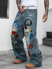 HEARUJOY  -  1pc Men's Street Style Wide Leg Faux Denim Jeans - Trendy Burnout Print, Loose Fit, Mid Waist, Non-Stretch, Zipper Placket for Daily Casual Wear