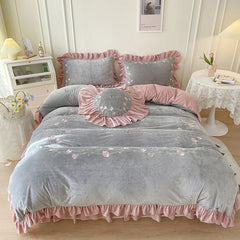 Flowers Embroidery Princess Bedding Set Shaggy Velvet Fleece Ruffles Duvet Cover Quilt Cover Set Bed Skirt Bedspread Pillowcases