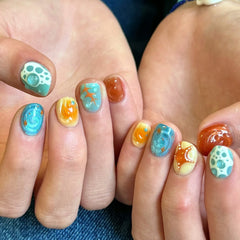 YICKYUE  -  10Pcs Handmade Short Lovely Press On Nail Shiny Cat Eye Summer Beach Starfish Design Cute Fake Nail Wearable Nails Tips Art Girl