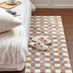 YICKYUE  -  Korean Style Checkerboard Flocking Bedside Carpet Bedroom Living Room Decorative Floor Mat Bathroom Absorbent Non-Slip Foot  Mat