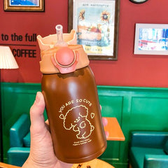 Yickyue Kawaii 450ml Stainless Steel Kids Thermos Water Bottle With Straw Cute Plush Cup Cover Baby Student Thermal Water Cup Girl Gifts