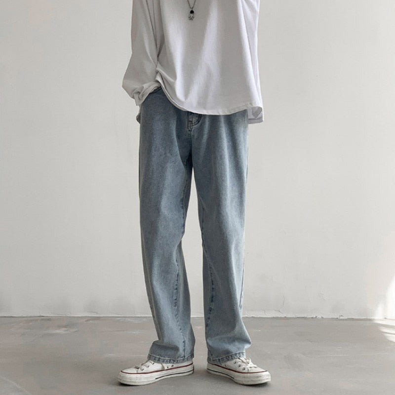 YICKYUE  -  AllSeason Casual Soft Men's Cool Boys Loose Jeans Straight Long Pants Button Zipper Solid Pocket Versatile Comfortable