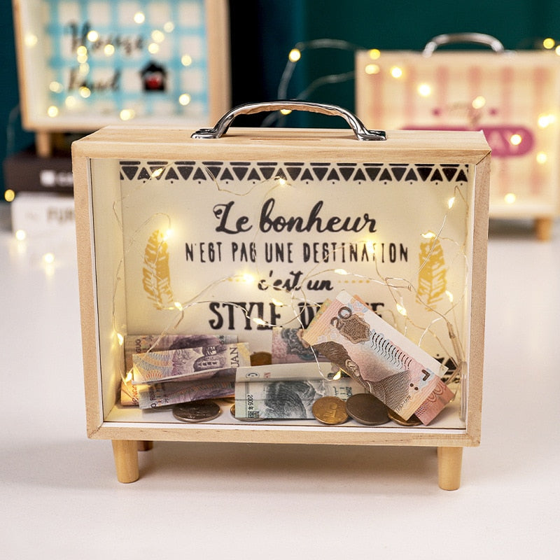Wooden Money Bank Cash Boxes Piggy Banks Home Decor Kids Gift Money Boxes Pocket Money Storage Box Room Decoration Display Case