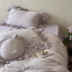 YICKYUE  -  French Ruffled Purple Gingham Cotton Gauze Bedding Set – 4-Piece Korean Fresh Style