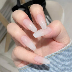 24pcs Grape Gradient Long Coffin Ballet False Nails White Jelly Gem Small Crystal French Full Cover Press on Fake Nail Art