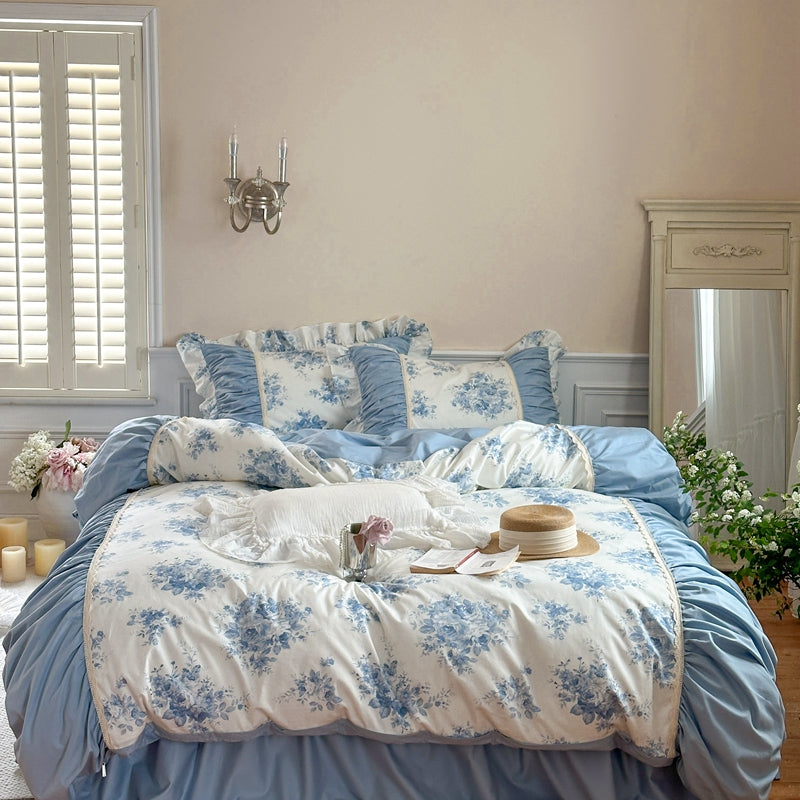 YICKYUE  -  Korean Princess Style Pleat Ruffles 100% Cotton Bedding Set Elegant Vintage Rose Floral Duvet Cover Set Bed Skirt Pillowcases
