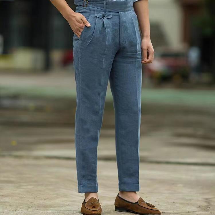 Hearujoy British Style Men Gurkha Linen Pant High Waist Straight  Ankle-Length Pants Spring Summer High Quality Thin Casual Loose Trouser