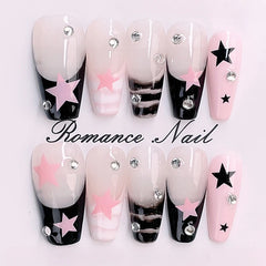 YICKYUE  -  10pcs Black Edge French Press on Nails Wearable Pink Med-length Ballet False Nail Love Pearl Bow Design Full Cover Nail Tips Art