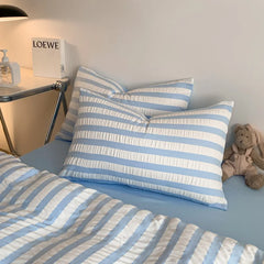 YICKYUE  -  Chic Seersucker Bedding Set Washed Brushed Comforter Duvet Cover Flat Sheets Pillowcase Lightweight Soft Home Textile Bed Linen