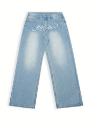 HEARUJOY  -  Casual Straight Leg Embroidered Alphabet Pattern Regular Length Non-Stretch Woven Fabric Pants for Adult