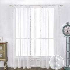 Yaapeet Linen Look Pom Pom Tasseled White Curtains Rod Pocket Voile Semi-Sheer Curtain Light Filter Bedroom Living Room Drape