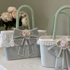 YICKYUE  -  Pastoral Picnic Basket Wedding Flower Basket French White Lace Velvet Hand Basket Romantic Bow Home Decor Storage Organizer