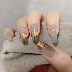 Medium and Long Fake Nails Golden Gray Grid Nail Art Stickers Finished Nails 24 Pieces With Glue TY