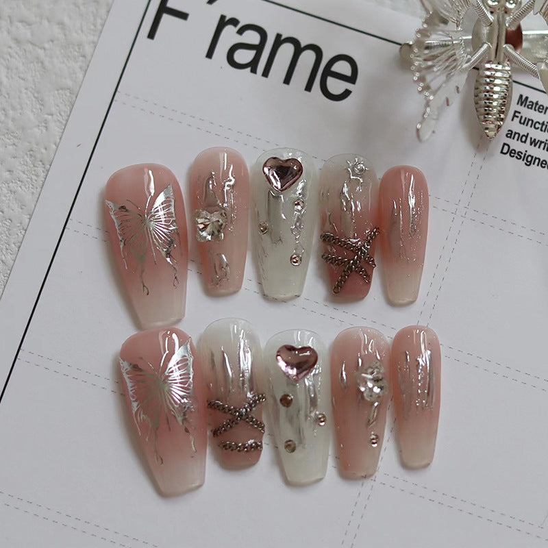YICKYUE  -  10Pcs Y2k Handmade Press On Nails Long French Coffin Fake Nails Full Cover Butterfly Design Artificial Manicure Wearable Nail Ti
