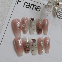 YICKYUE  -  10Pcs Y2k Handmade Press On Nails Long French Coffin Fake Nails Full Cover Butterfly Design Artificial Manicure Wearable Nail Ti