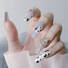 24pcs White Black Fake Nails with Designs Long Coffin Ballerina False Nails Butterfly Metal Press On Nail Manicure Tip