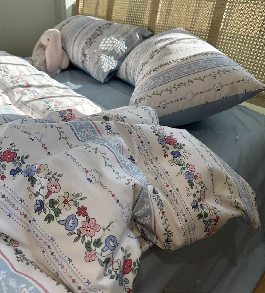Yickyue -  pastoral flower blue bedding set,twin full queen rustic floral cotton home textile bed sheet pillow case quilt cover