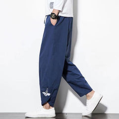 Hearujoy Mens Cotton Linen Casual Pants Chinese Style Crane Embroidery Harlan Cropped Pants Spring Summer Fashion Loose Retro Trousers