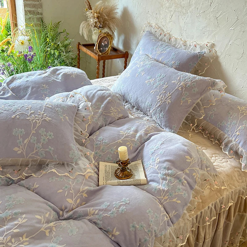 YICKYUE  -  Winter Thickened Carved velvet Korean Princess Style Bedding Set Duvet Cover Set Lace Quilted Bed Skirt Bedspread Pillowcases