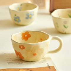 YICKYUE  -  Ceramic Mugs Coffee Cups Hand Pinched Irregular Flower Milk Tea Cup Ins Korean Style Oatmeal Breakfast Mug Drinkware Kitchen