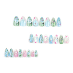 YICKYUE  -  24pcs Summer New Almond Press on Nails Spring Flowers Pattern Green False Nails Patch Ins Sweet Bow Fake Nails Tips for Girls