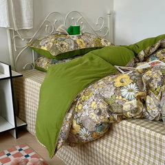 Yickyue 100% Cotton Floral Pattern Bedding Set Washed Cotton Single Double Queen King Duvet Cover Set Flat/Fitted Bed Sheet Pillowcases