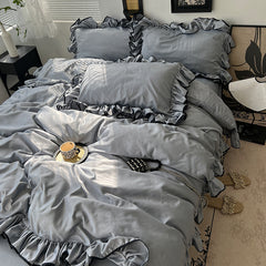 YICKYUE  -  Korean Princess Style Summer Ice Silk Bed Four-piece Set Light Luxury Silk Slide Naked Sleeping Bed Sheet Quilt Cover Washed Silk Cool