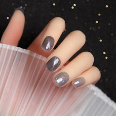 24pcs/box Wearable Finger Fake Nails press on Blue Grey Aurora Effect short size full cover Summer Patch  fake Fingernail tips