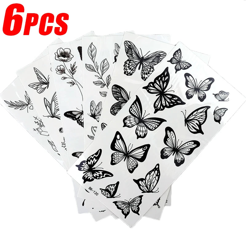 YICKYUE  -  1/6pcs Black Butterfly Fake Tattoo Waterproof Temporary Tattoo Stickers Leg Arm Hand Foot Body Arts Magic Flower Texture Sticker