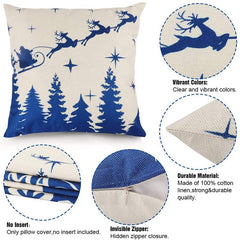 Yickyue 4PCS/Set 2022 New Christmas Cushion Cover 45*45 Blue Linen Elk Snowflake Print Pillow Covers Decorative Home Decor Pillowslip