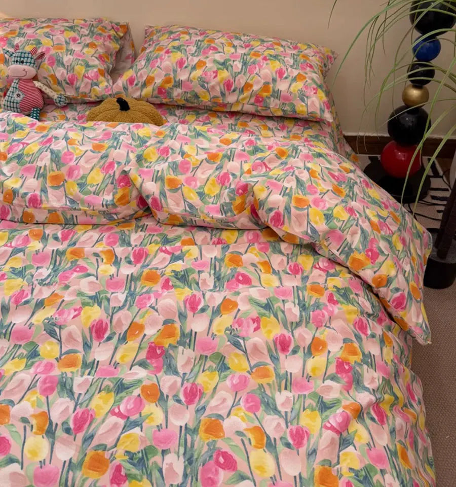 YICKYUE  -  Vintage flower tulip pink yellow green bedding set,twin full queen king cotton home textile bed sheet pillow case quilt cover