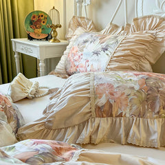YICKYUE  -  Bedding Set Korean Style Egypt Cotton Bedclothes Flamingo Printing Lace Pleat Duvet Cover Bed Skirt Pillowcases King Queen Size