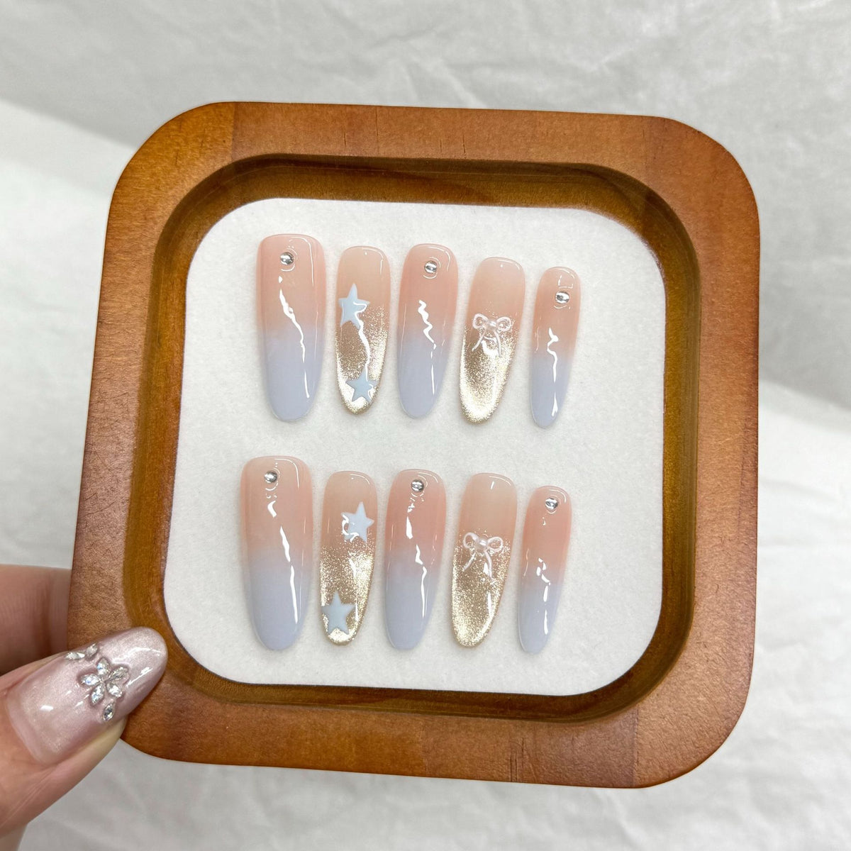 YICKYUE  -  10pcs Handmade Press on Nails Leopard Print Blue Cat Eye Fake Nail Tips Wearable Detachable Spice Girls Long Almond False Nails