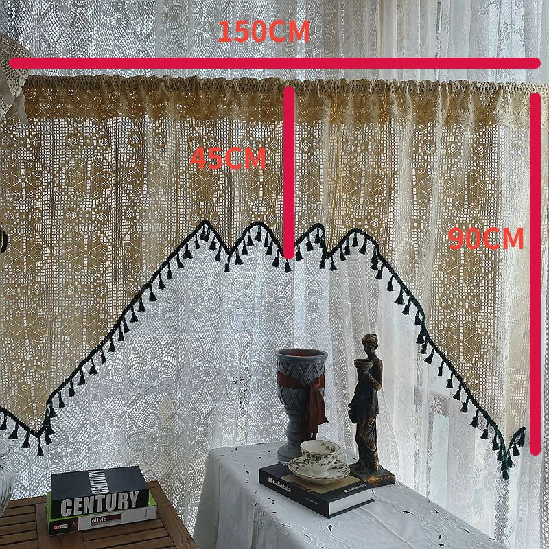 YICKYUE  -  Countryside American Style Knitted Beige Color Arc-shaped Short Curtain Embroidery Lace Clover Pattern Door Curtains for Bedroom