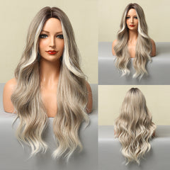 YICKYUE  -  European and American fashion split large wave light and thin natural mixed color light gray full head wig for women wigs