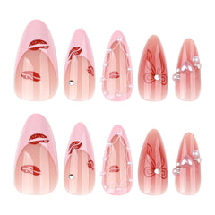 YICKYUE  -  24pcs Sweet Pink Press on Nails with Bow Lipstick Print French Fake Nail Tips Wearable Detachable Ins Simple Korean False Nails