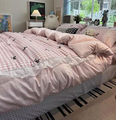 YICKYUE  -  Sweet fairyfair pink blue plaid bow bedding set 1.5 1.8,full queen elegant cotton home textile bed sheet pillow case quilt cover