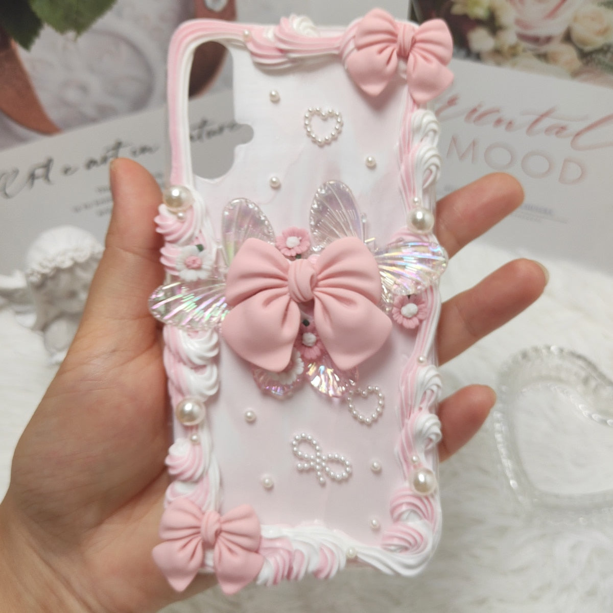 Angel Pink Bowknot Handmade Case For iPhone 12 pro max DIY phone shell 11pro 3D Cherry XS MAX XR Creamy Customized Cover 12 mini