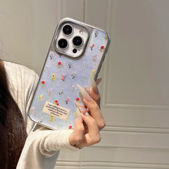 YICKYUE  -  Korean ins Full Screen Colorful Flowers Silver Edge Phone Case for iPhone 16 15 14 13 Pro Max Back Cover Fund