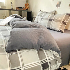 YICKYUE  -  Plaid Print Duvet Cover Sets 3 Piece, Japanese Bedding Set for Adult Teenagers Grey Geometric Grid Comforter Covers Home Decor