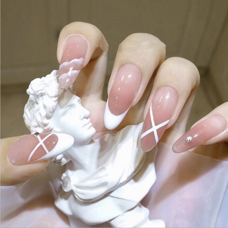24P Round Head Point Drill White French Manicure Gradient Nail Art Full Cover Artificial Fake Nails Wearing Reusable False Nails
