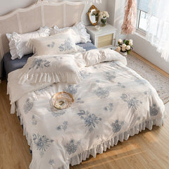 French Princess Style Washed Cotton Flowers Embroidery Fairy Bedding Set Ruffle Duvet Cover Quilt Cover Comforter Set Bed Linen