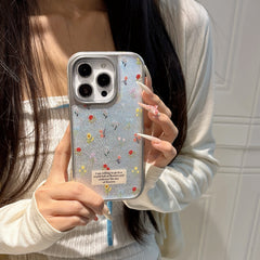 YICKYUE  -  Korean ins Full Screen Colorful Flowers Silver Edge Phone Case for iPhone 16 15 14 13 Pro Max Back Cover Fund