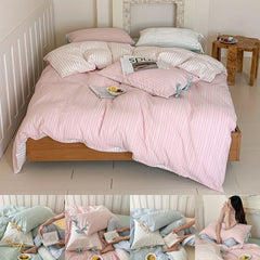 YICKYUE  3pcs, New Korean Style Bow Design Cotton Set: Duvet Cover*1 + Pillowcases*2, Korean Bow Design, Standard Size A, Striped Pattern with Bow Decoration, Stylish and Elegant
