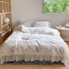 Yickyue French-style Hollow Lace Embroidery Washed Cotton Bedding Set Princess Style Flat sheet/Bed Skirt(1.5/1.8/2.0m Size,4pcs,White)