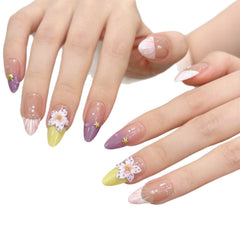 YICKYUE  -  10pcs Handmade Almond French Press On Nails 3D Carving Flower Gradient Purple Shell Design False Nails Wearable Nails Art Tips