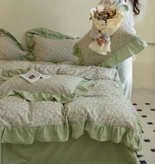YICKYUE   -  Fresh fashion green flower bedding set,full queen king rustic floral sand cotton home textile bed sheet pillow case duvet cover
