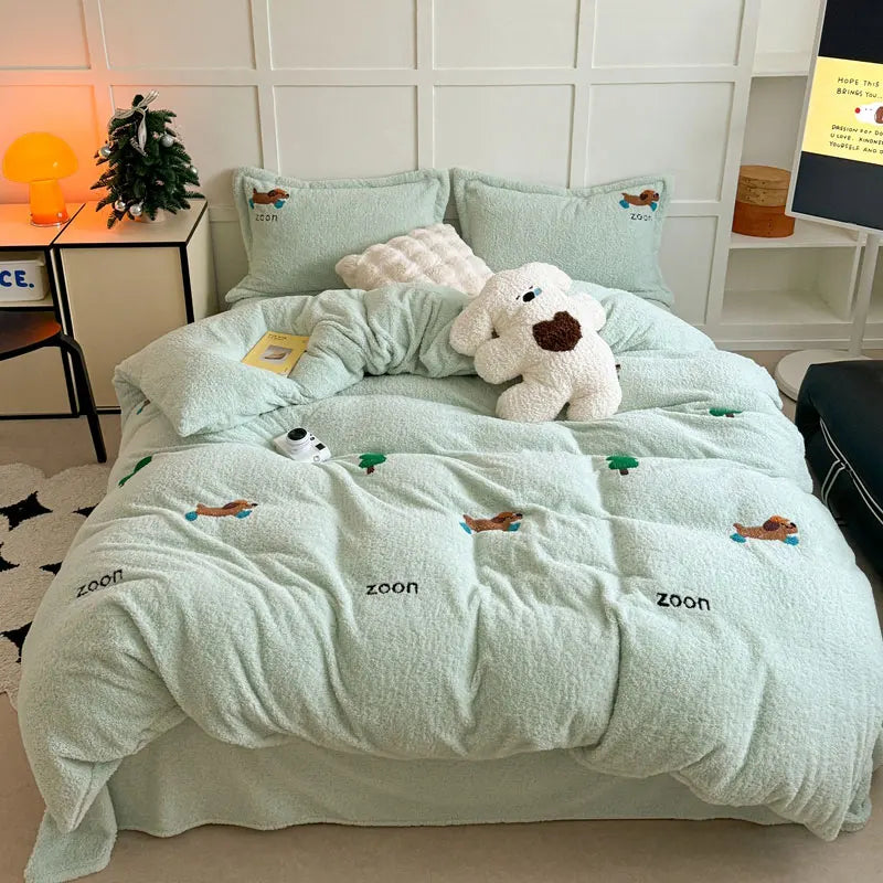 YICKYUE  -  New Embroidered Teddy Velvet Bedding Set Winter Warm High-end Soft Warmth Duvet Cover Set with Sheet Quilt Cover and Pillowcases