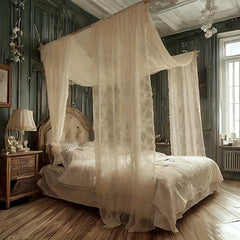 YICKYUE  -  White Canopy Bed Curtains - 2 Panel Sheer Luxury Bed Canopy With Elegant Lace For Full/Queen Bed (No Pole)
