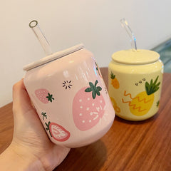 400ML Creative Cute Fruit Ceramic Mug With Straw Ins Style Strawberry Cup Water Bottle for Girls Couple Porcelain Mug Coffee Cup